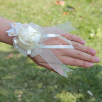 7piece/lot Ribbon Rose Silk Bow Wrist Corsage Bridesmaid Bracelet Flower Hand Wedding Pearl Crystal Flowers On The Wrist PartyHE