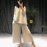 Autumn Fashion Women Clothes Round Neck Sleeveless Pullover Dress And Wide Pleated Legs Pantes Vintage Set