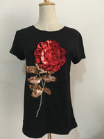 New Summer women sequin t shirt fashion cotton female rose flower tops t-shirt  camisetas mujer