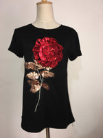 New Summer women sequin t shirt fashion cotton female rose flower tops t-shirt  camisetas mujer
